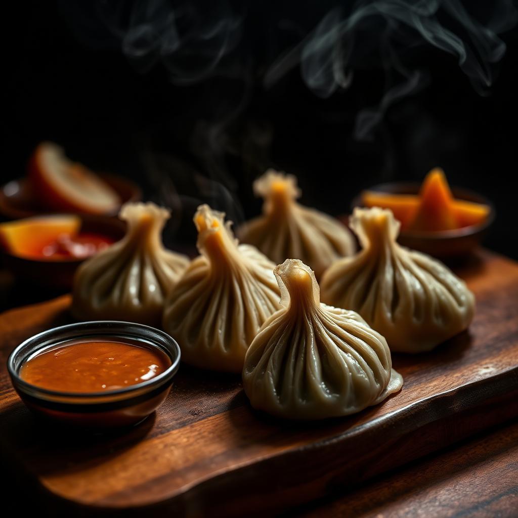 Steaming Nepali momos on a wooden board